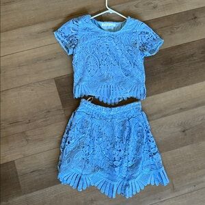 Lovers + Friends Sky-Blue Lace Two-Piece Set (XS) – Delicate Scallop Edges